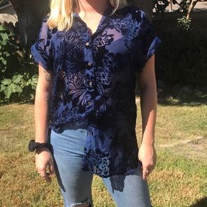 Navy blue floral velvet button up